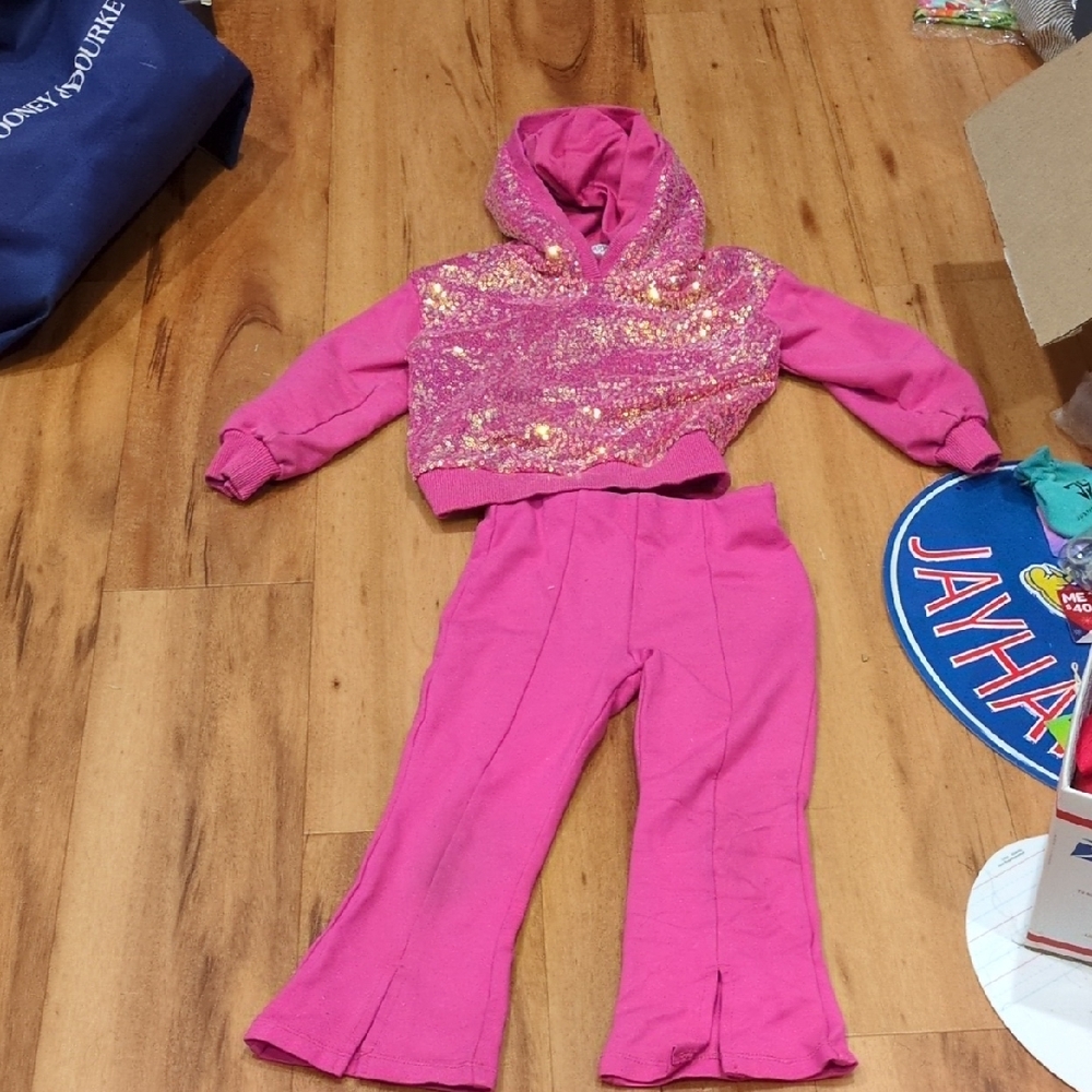 Flapdoddles Pink Glittery Sequins Matching Set Tracksuit Front Slit Pants Size 4